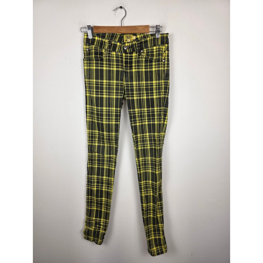 Tripp NYC Yellow Black Plaid Skinny Jeans Punk Lace‎ Up Back Skull Rivets Size 1